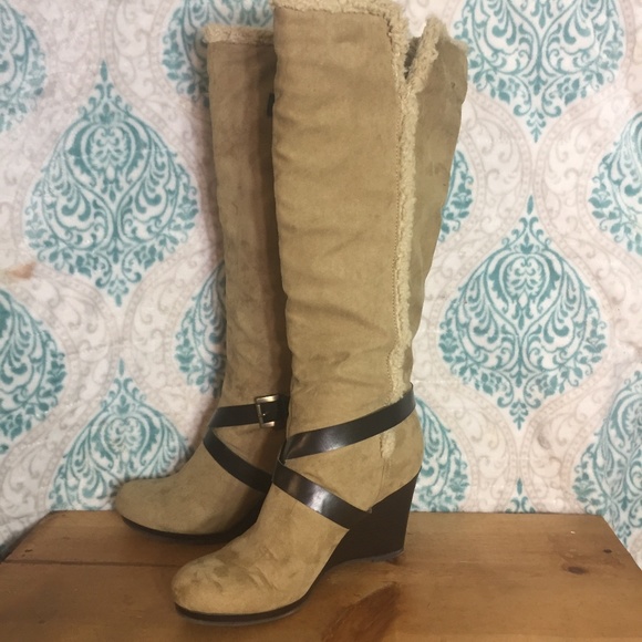 Tan Warm Tall Shearling Faux Suede Knee High Boots - Picture 2 of 8